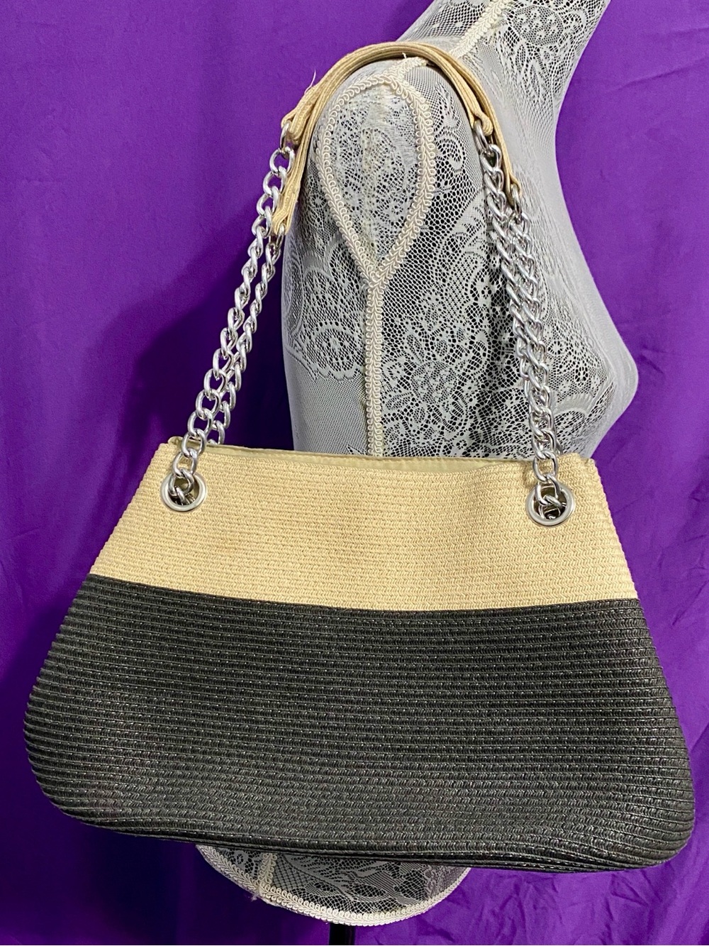 Two-Tone Black and Cream Chain-Handle Shoulder Bag